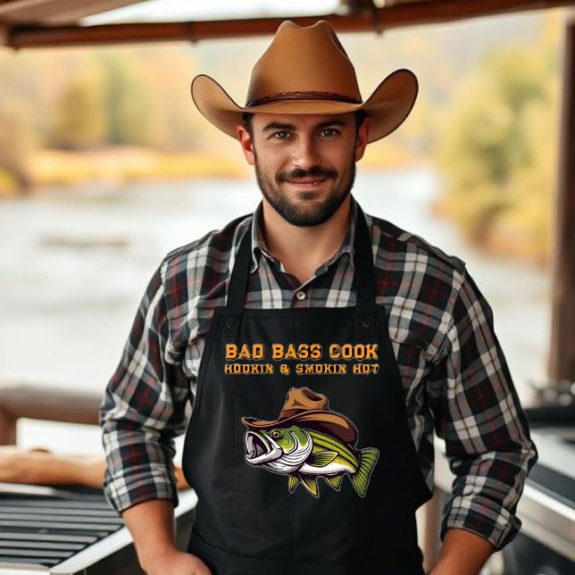 Delantal Apron gracioso para él-pez con un Gorra de vaquero (Funny Apron for Him-Bass Fish with a cowboy hat-Fisherman Core-Father's Day Gift, Gift for him )