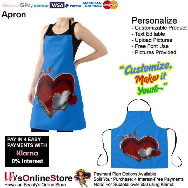 Delantal Apron grande azul de corazón mágico (Love Heart Blue kitchen Cooking Mess Free Large Apron.)