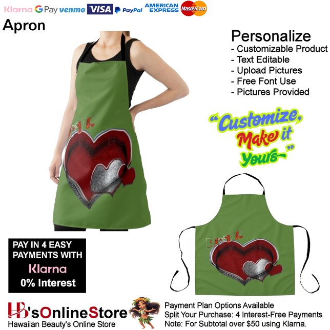 Delantal Apron grande Heart Magic Green (Love Heart Green Kitchen Cooking Mess Free Large Apron.)