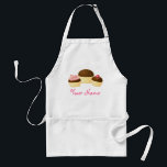 Delantal Apron Ladies personalizadas para el pastel<br><div class="desc">Este cutáneo de adultos tamaño Cupcake Kitchen Apron tiene un trío de quequitos de chocolate con un nombre rosa personalizado que puedes cambiar para hacer un regalo personalizado para cualquier amante de quequitos que hornea. ¿Quién podría resistir el trío de quequitos de chocolate?</div>