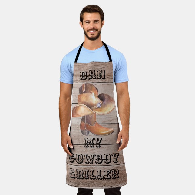 Delantal Apron Large Cowboy Griller on Wood (personalizado) (Gastado)