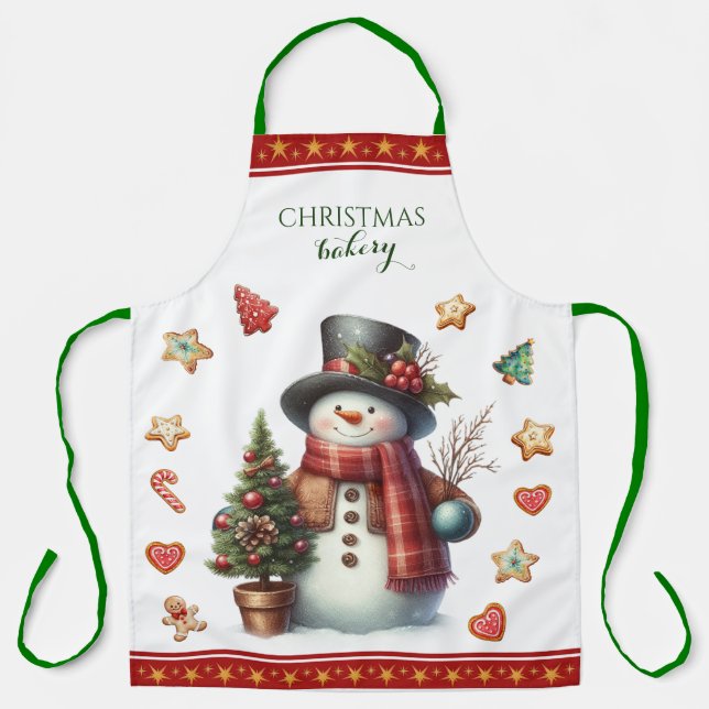 Delantal Apron Large Snowman and Christmas Cookies Red (Anverso)