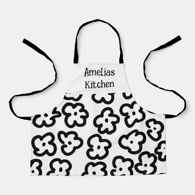 Delantal Apron moderno de flores blancas y negras para niño (Anverso)