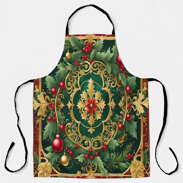 Delantal Apron navideño de Navidades de oro verde rojo (Anverso)