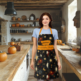 Delantal Apron negro de Halloween con fantasmas, estrellas,