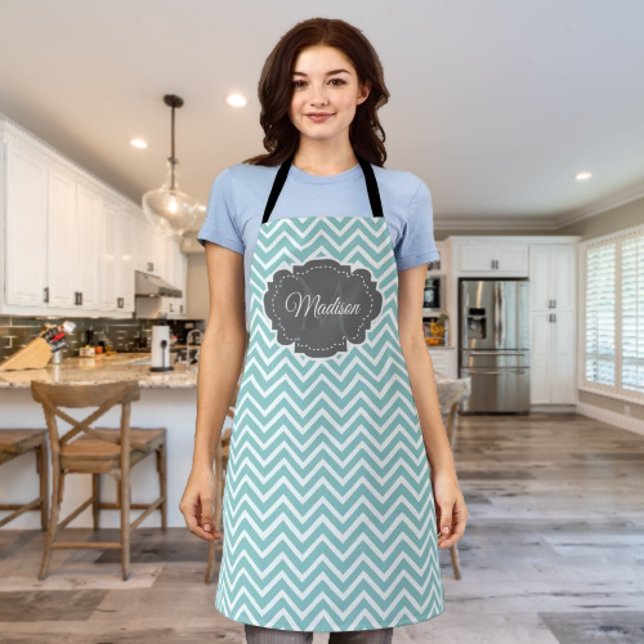 Delantal Aprón personalizado de cheurón verde azulado (Teal Chevron Personalized Apron)