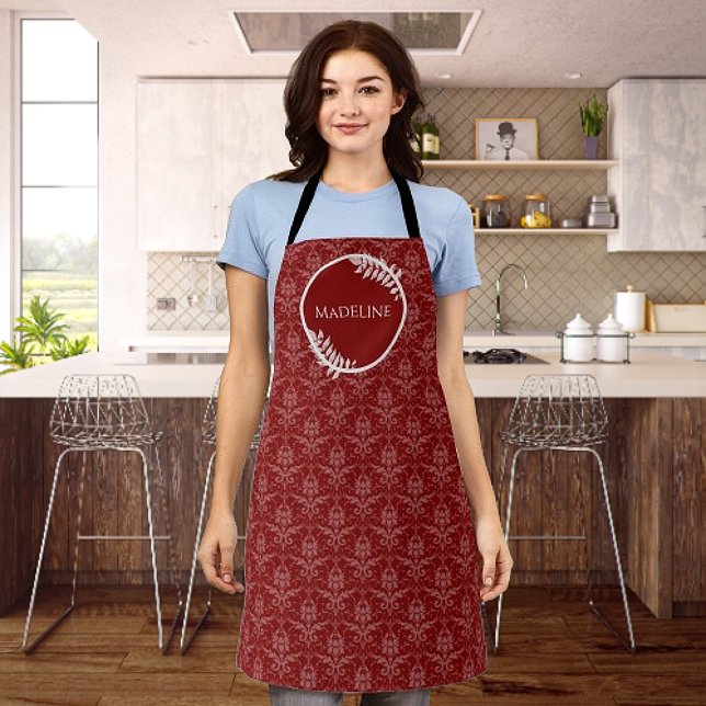 Delantal Apron personalizado de Damask elegante rojo (Red Elegant Damask Personalized Apron)