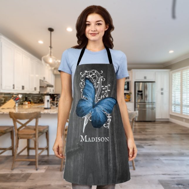 Delantal Aprón personalizado de mariposa azul ruso (Blue Rustic Butterfly Personalized Apron)