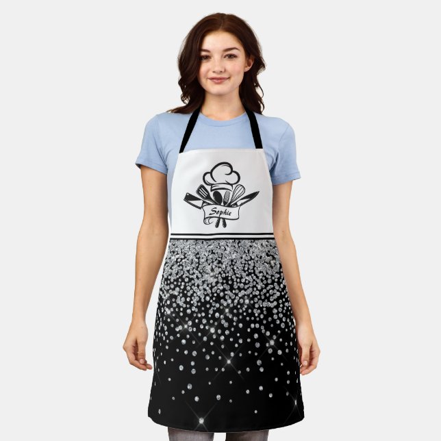 Delantal Aprón personalizado de Purpurina negro y plata (Gastado)