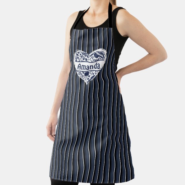 Delantal Apron Personalizado de rayas azules, corazón, barb (in situ)