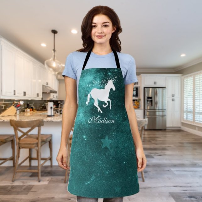 Delantal Apron personalizado de unicornio verde azulado (Teal Unicorn Personalized Apron)