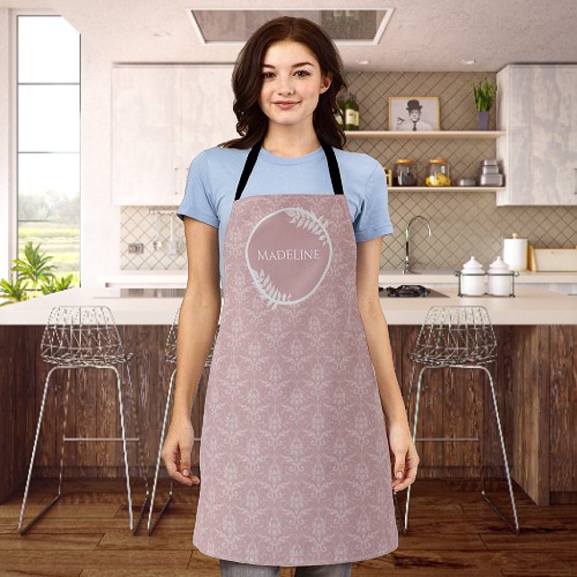Delantal Apron personalizado elegante de Damask rosa (Pink Elegant Damask Personalized Apron)
