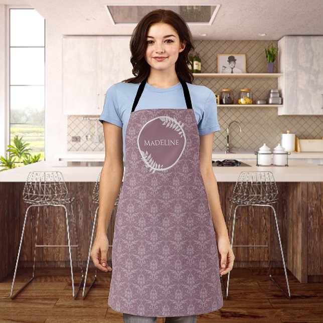 Delantal Apron personalizado elegante de Mauve Damask (Mauve Elegant Damask Personalized Apron)