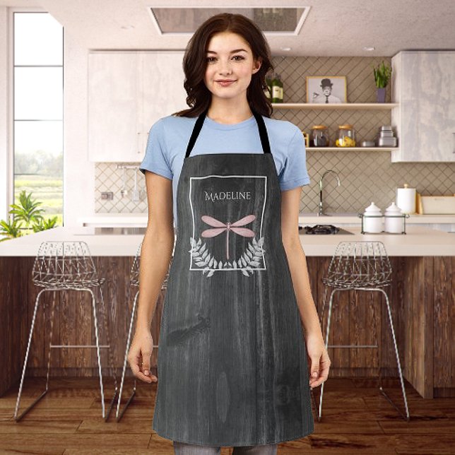 Delantal Aprón personalizado ruso de la libélula rosada (Pink Dragonfly Rustic Personalized Apron)