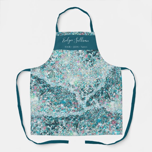 Delantal apron profesional de belleza purpurina verde azula (Anverso)