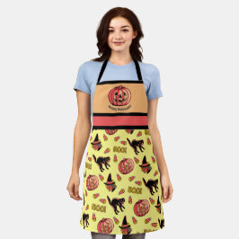 Delantal Apron retro de Halloween con bruja de gato y calab