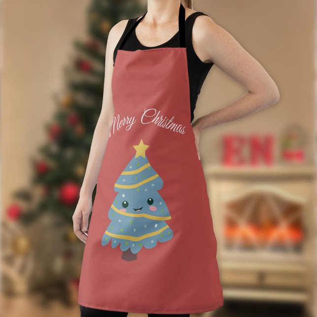 Delantal Apron rojo con árbol de Navidad kawaii (Red Apron with Kawaii Christmas Tree )