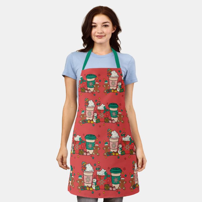 Delantal Apron rojo del café de vacaciones con correa verde (Gastado)