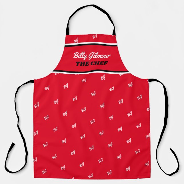 Delantal Apron rojo moderno con nombre de chef (Anverso)
