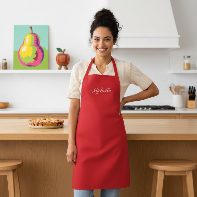Delantal Apron rojo personalizado con nombre personalizado (Personalized red apron with elegant custom name printed in white.)