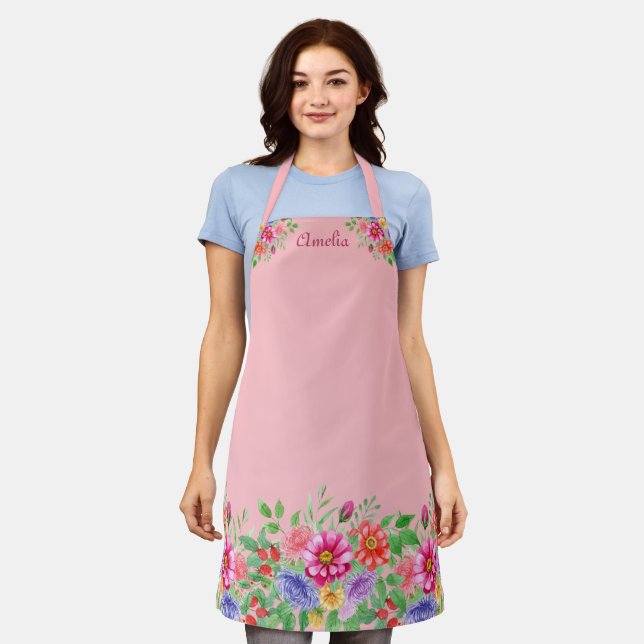 Delantal Apron rosa lindo con flores acuáticas (Gastado)