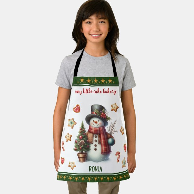 Delantal Apron Small Snowman and Christmas Cookies Green (in situ)