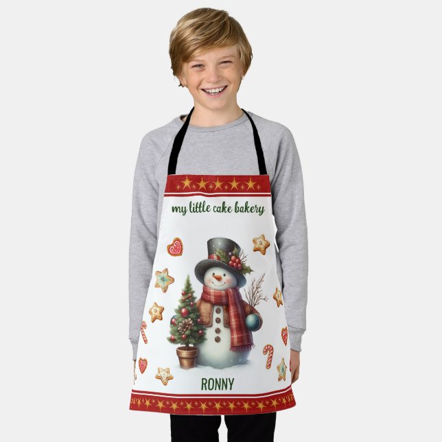 Delantal Apron Small Snowman and Christmas Cookies Red (Gastado)