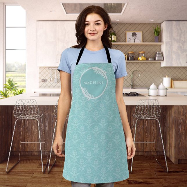 Delantal Aprón verde azulado elegante y personalizado de Da (Teal Elegant Damask Personalized Apron)