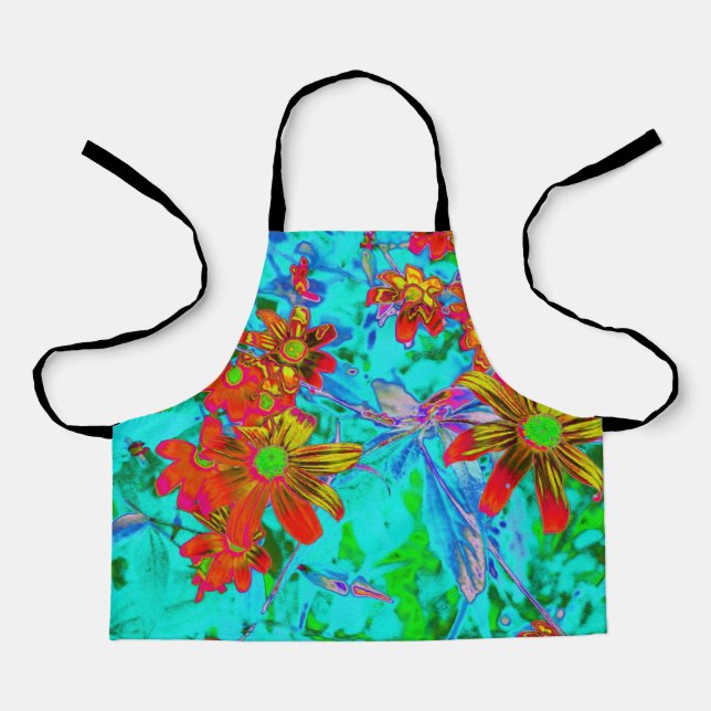 Delantal Aqua Tropical con flores amarillas y Naranjas (Anverso)