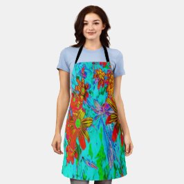 Delantal Aqua Tropical con flores amarillas y Naranjas
