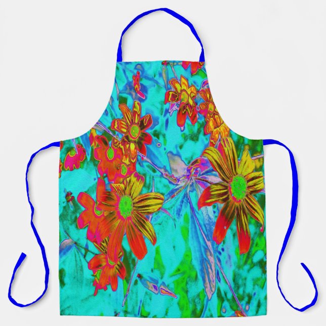 Delantal Aqua Tropical con flores amarillas y Naranjas (Anverso)