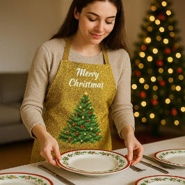 Delantal Árbol de Navidad con Brillo Dorado Fiesta Navideña