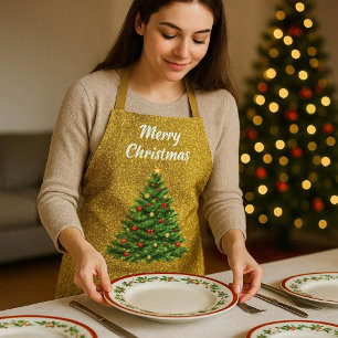 Delantal Árbol de Navidad con Brillo Dorado Fiesta Navideña
