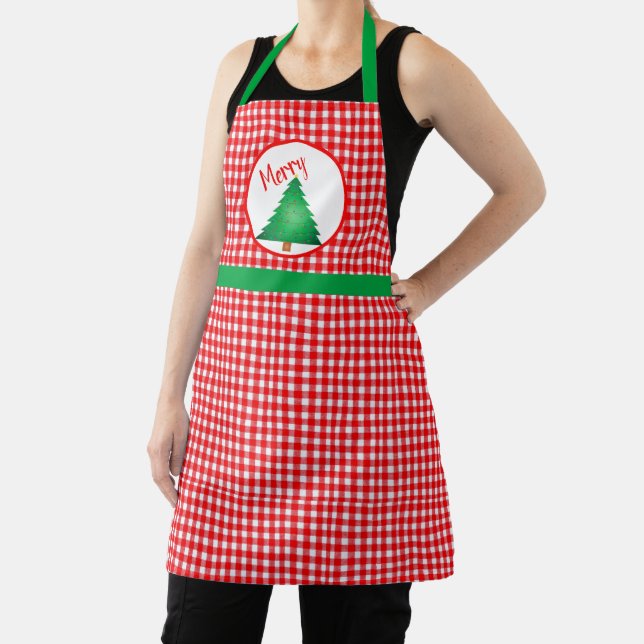 Delantal Árbol de Navidad con festividad en Red Gingham (in situ)