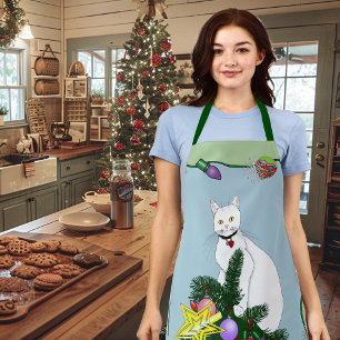 Delantal Árbol de Navidad Divertido y Festivo Gato Blanco D