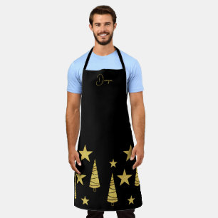 Delantal Árbol de Navidad Dorado y Estrellas Monogramadas