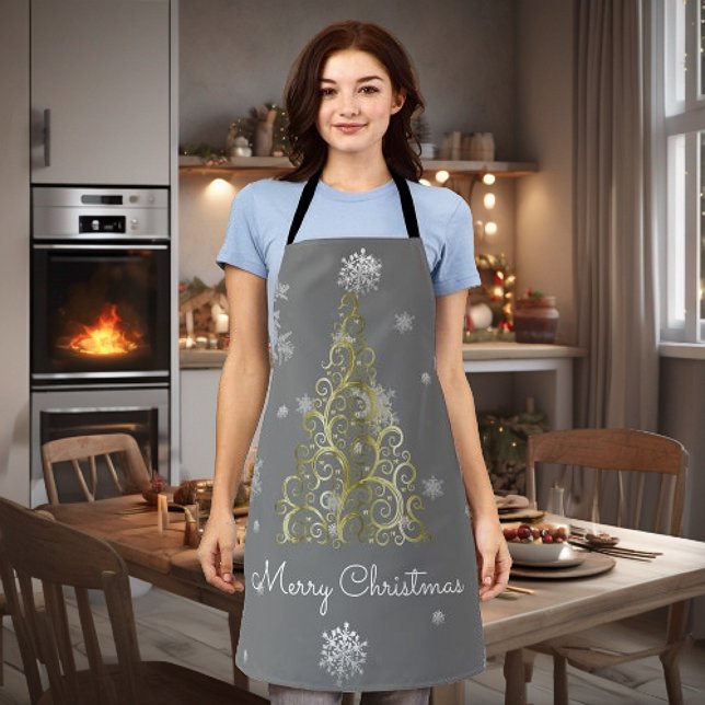 Delantal Árbol de Navidad dorado y paracaídas de nieve (Gold Christmas Tree and Snowflakes Apron)