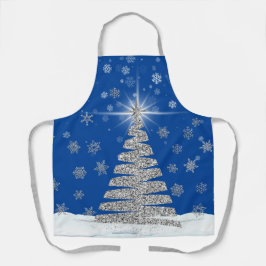 Delantal Árbol de Navidad Purpurina plateado sobre azul