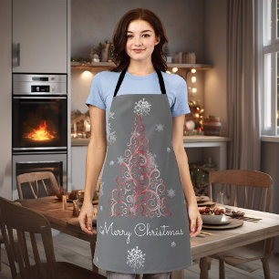 Delantal Árbol de Navidad Rojo y Copos de Nieve Apron