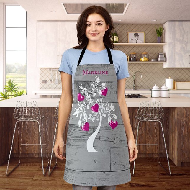 Delantal Árbol magenta de corazones Apron personalizado (Magenta Tree of Hearts Personalized Apron)
