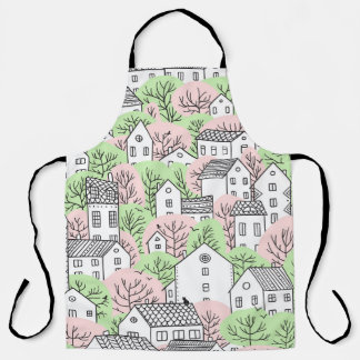 Delantal Árboles, casas, paisaje de la ciudad primaveral