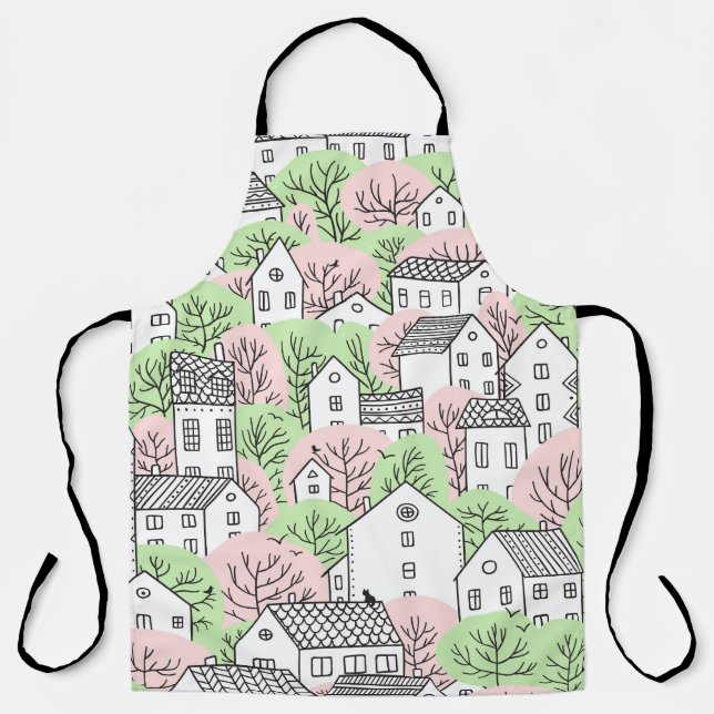 Delantal Árboles, casas, paisaje de la ciudad primaveral (Anverso)