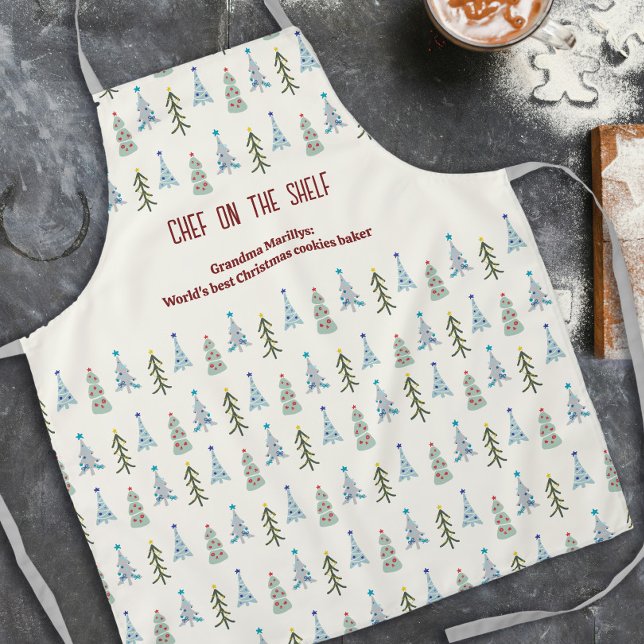 Delantal Árboles de Navidad escandinavos dibujados a mano (Elegant Scandinavian Christmas apron with Christmas trees and your text.)