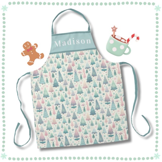 Delantal Arboles y estrellas navideñas escandalosos (Whimsical Scandi Christmas Trees & Stars in Soft Mint Green and Pink. Perfect Christmas Baking Gift!)