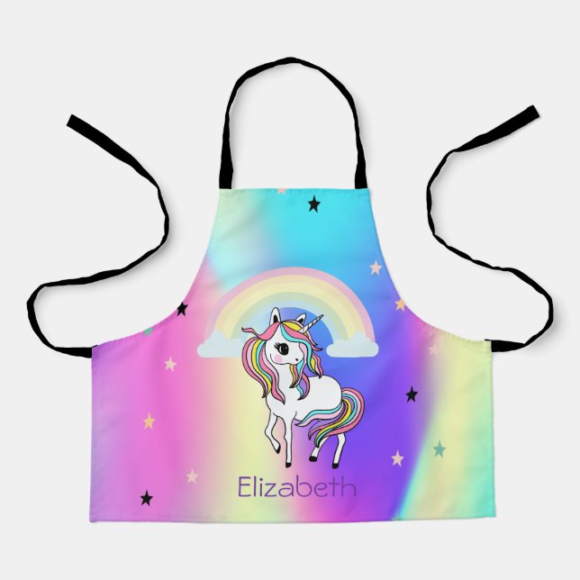 Delantal Arcoíris Unicornio Estrellas Holográficas (Anverso)