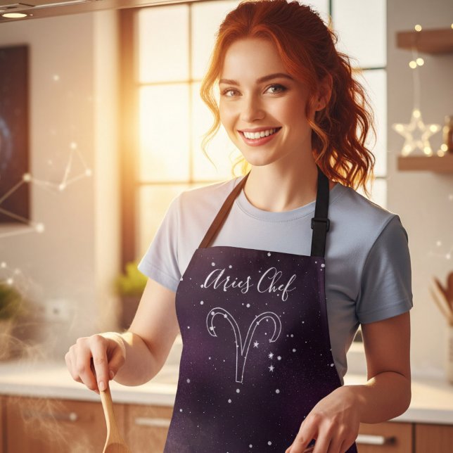 Delantal Aries Zodiac Astrología Púrpura Galaxia Apron (It's Aries Season! Cook up a storm in the kitchen with this purple galaxy apron)