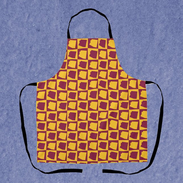Delantal Arizona Pop Art Checkerboard Maroon Gold (An apron with a maroon and gold pattern featuring the US state of Arizona.)