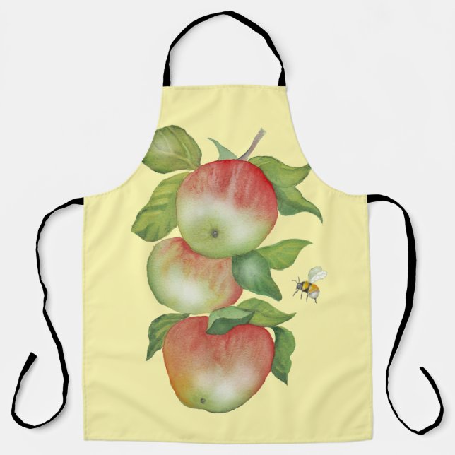 Delantal Armonía dulce: manzanas acuarelas y una abeja (Anverso)