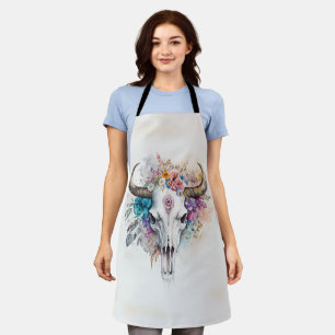 Delantal Arte de Acuarela de Cráneo de Toro Floral