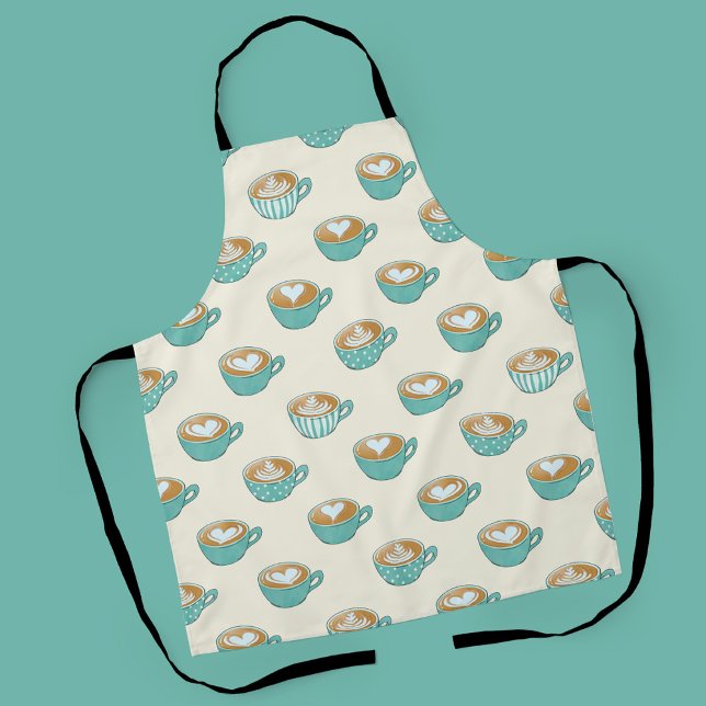 Delantal Arte de latte en tazas de café azul (Turquoise Latte Art Pattern Apron)